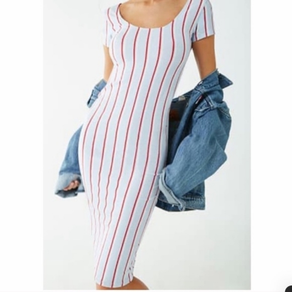 FOREVER 21 U-Neck Short Sleeve Stripe Midi Dress, Blue/Red/White